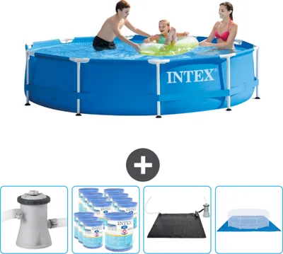 Produktbild von Intex Rundrahmen-Schwimmbecken – 305 x 76 cm – Blau – inklusive Pumpe Filter - Solarmatte - Bodenplane