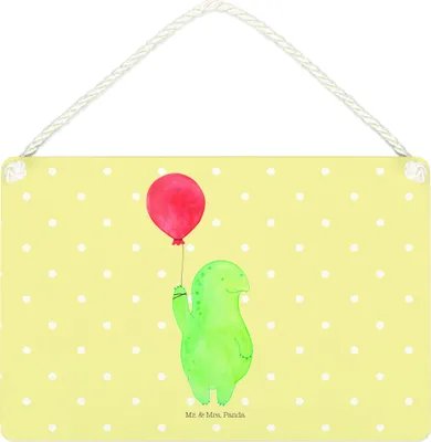 Produktbild von Mr. & Mrs. Panda Schild Schildkröte Luftballon DIN A4 - Gelb Pastell - Geschenk, Holzschild, holzbild, hängeschild, Motivationsspruch, Türschild, glücklich, Jahrmarkt