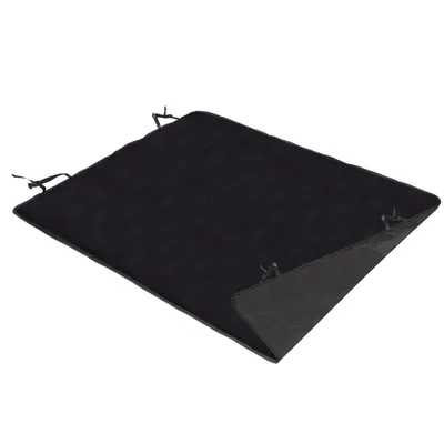 A black car seat cover is laid out on a white background.