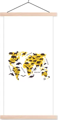 Produktbild von MuchoWow® Textilposter Weltkarte - Tiere - Gelb 60x120 cm mit holzfarbenen Rahmen - Holz