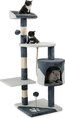 Produktbild von lionto Kratzbaum für Katzen 112 cm hoch, mit Höhle, Sisalseil, Plüschbällen & Wandhalterung, kompakter Kletterbaum, grau/weiß