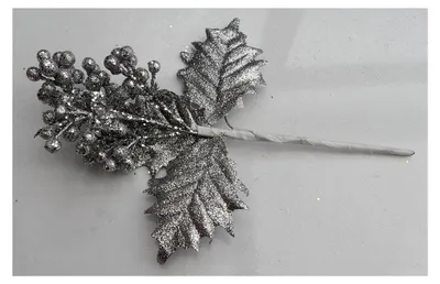 Produktbild von Großer Glitzerpick für Weihnachtsdekorationen mit Blättern und Beeren in Silber