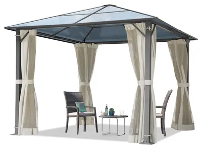 Produktbild von Gartenpavillon 3x3 m ca 6 mm Polycarbonat-Dach mit Moskitonetzen und Seitenteilen in crème