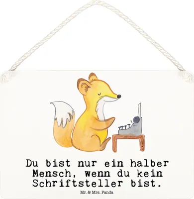 Produktbild von Mr. & Mrs. Panda Schild Schriftsteller Herz DIN A6 - Weiß - Geschenk, Buchladen, Verlag, Türschild, Lustig, Spruch, holzbild, Wandbild Holz, Buchhandlung, Autor