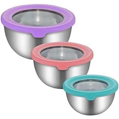 Produktbild von 3-teiliges Edelstahl-Rührschüssel-Set mit Deckeln und Messmarkierungen, 1,5L/3L/5L
