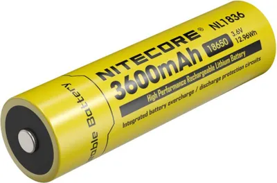 A yellow Nitecore 18650 rechargeable lithium battery with black text and markings.