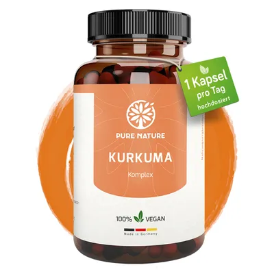 Produktbild von Pure Nature Kurkuma Kapseln Komplex HOCHDOSIERT [1 Kps/Tag I 12.000mg Curcuma] - Curcuma Kapseln hochdosiert mit Vitamin C & Piperin - 90 Kapseln
