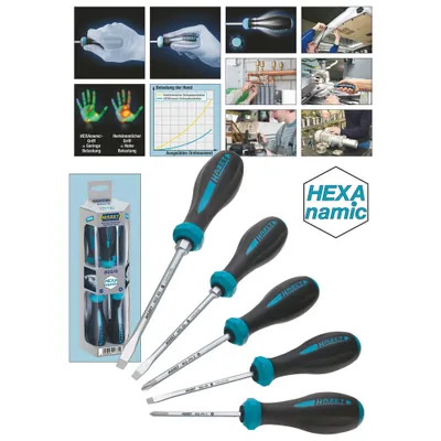 Produktbild von Hazet Schraubendreher Satz HEXAnamic 802/5, Schlitz Profil, Kreuzschlitz Profil PH, 5-tlg., 0,8 x 4 - 1,2 x 6,5, PH1 - PH2