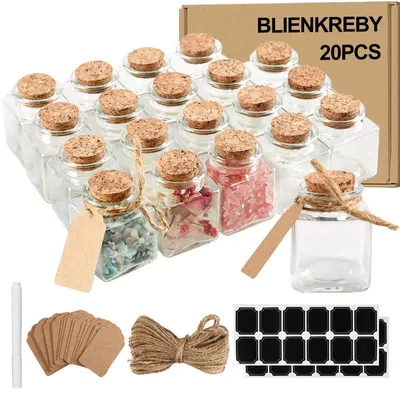 Immagine prodotto di Mini bottiglie di vetro quadrate con tappo di sughero, capacità 50 ml, confezione da 20 pezzi, ideali per matrimoni e decorazioni