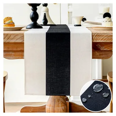 Produktbild von Moderner Tischläufer Wasserabweisend Leinen, Abwaschbar, Tischdecke für Outdoor Sommer Garten, Hochzeit, Esszimmer, Party, Urlaub (Schwarz, 40 x 140 cm)