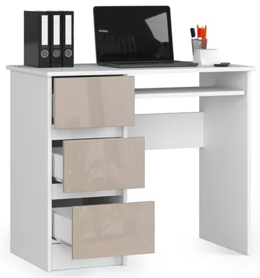 Image de Bureau d'angle scandinave A-6 en haute brillance cappuccino avec latéralité gauche et 3 tiroirs