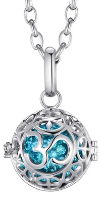 Image de Collier Morella « Ange gardien » pour femme, en acier inoxydable, 70 cm, avec pendentif « Om Mantra » et boule sonore en zircone turquoise Ø 16 mm, dans une pochette à bijoux