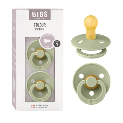 Produktbild von BIBS Colour Schnuller 2er-Pack, BPA-frei, Kirschform Nippel. Naturkautschuk / Latex, Hergestellt in Dänemark. Größe 1 (0-6 Monate), Sage / Sage