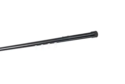 A black curtain rod with visible curtain hooks, isolated on a white background.