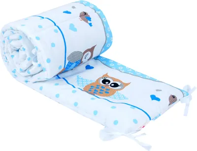 Produktbild von BabyLux Nestchen Bettumrandung 210x30 cm – Kopfschutz für Babybett, Beistellbett & Laufgitter – Weiche Gitterbett-Polsterung - Baumwolle 53. Eule Blau