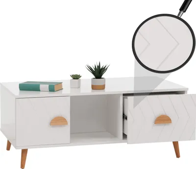 Produktbild von Couchtisch HWC-N89, Beistelltisch Sofatisch, Schubladen Türen Fächer Fischgrätenmuster Melamin Holz, 42x103x60cm  weiß
