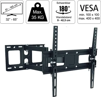 A black TV wall mount with informational icons above it.