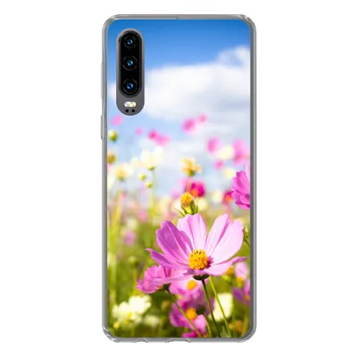 Produktbild von MuchoWow® Handyhülle Schutzhülle Hülle für Huawei P30 Blumen - Wiese - Lila - Gras - Weiß - Wolken - Blau Silikon Softcase Handy Hülle - Kartenbesitzer