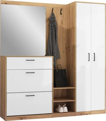 Produktbild von Kompaktgarderobe ZUG mit Spiegel, Schuhschrank für 12-14 Paar, Schublade, Garderobenpaneel und Kleiderstange