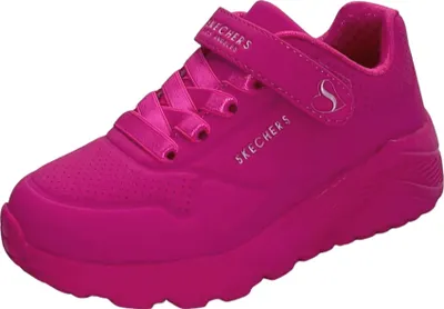 A single pink Skechers shoe is shown from a side angle against a white background.