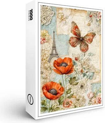 Image de Puzzle Raxxa Premium « Coquelicots et papillon avec la Tour Eiffel », 1 000 pièces