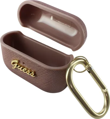 An open pink AirPods Pro case with a gold carabiner attached.