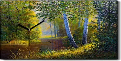 Produktbild von Wandkunst Leinwand Bild Uhr 60x30 Gemälde Wald Bäume Blumen Fluss Natur - schwarze Hände