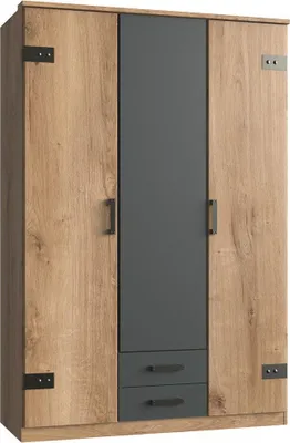 A three-door wardrobe with a central gray panel and two wooden side panels, featuring two drawers at the bottom.