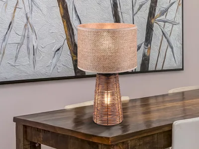 Produktbild von LED Tischlampe aus Naturmaterial, Korbgeflecht & Rattan Lampenschirm, 40cm groß