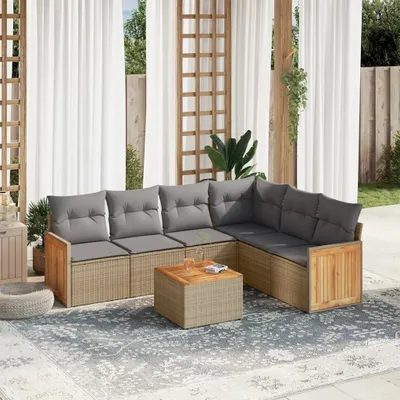 Produktbild von Design 7-tlg. Garten-Sofagarnitur mit Kissen Beige Poly Rattan, Gartenmöbel-Sets 2024 Neu