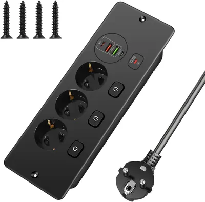 Produktbild von Einbausteckdose mit 3 Steckdosen – 2 USB-A + 2 USB-C – 3 Schalter