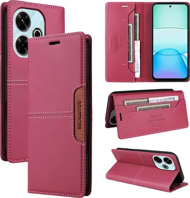Obrázek produktu pro Pouzdro pro Xiaomi Redmi 13 4G, kožené flipové peněženkové pouzdro s přihrádkou na karty a stojánkem Červený
