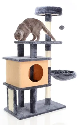 Immagine prodotto di Kratzbaum grigio scuro, alto 112 cm, con casetta per gatti