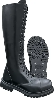 A pair of black leather knee-high boots with laces and a thick sole, shown from the front and side, with one boot lying on its side to reveal the sole.