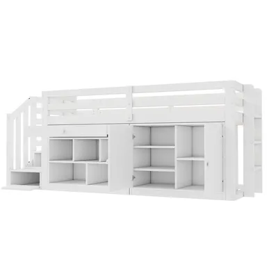 Obrázek produktu pro Dětská postel Abrihome ze dřeva 90x200 cm, podkrovní postel se schody, skříňkami a úložným prostorem, s lamelovým roštem a ochranou proti vypadnutí, bílá barva