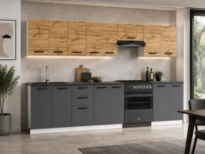 Produktbild von ULWEHOME | Küchenzeile 320 cm Anthrazit/Eiche Wotan, Küchenmöbel-Set Grafit mit 3-Schubladen-Unterschrank & geteilten Arbeitsplatten 180 cm, KI-generiertes Bild