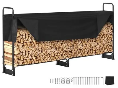 Produktbild von Kaminholzregal - Metall - 259 x 36 x 117 cm - Brennholzregal - Stahlrahmen - pulverbeschichtet - Kaminholzunterstand - 300 kg - mit wasserdichter Abdeckung