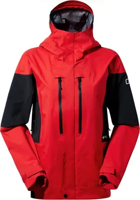 Rote Hardshelljacke für Damen von Berghaus; Modell Mtn Guide Gtx Pro Shell Jacket; mit zwei Reißverschlusstaschen und Kapuze.