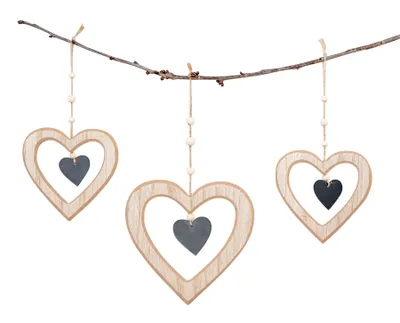 Produktbild von 3er Set Herz Anhänger Natur Schwarz MDF Holz Metalldeko Hängedeko Frühlingsdeko Deko-Anhänger