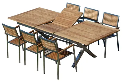 Produktbild von ALEOS. Gartengarnitur Edelstahl Teak Set: Ausziehtisch 200-260x100 cm + 6 stapelbare Sessel Edelstahl Teak A-Grade Holz Sitzgruppe - Gartenmöbel Set 6 Personen Gastronomie Qualität