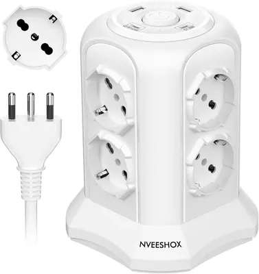 Produktbild von RESTEQ Steckdosenleiste Tower 8 Steckdosen USB-C PD 20W USB-A 2 m Kabel weiß