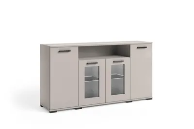 Produktbild von Kommode FINO III mit 4 Türen und Regal, Vitrinen Sideboard mit Stauraum und 2 Glastüren, Wohnzimmerschrank für Wohnzimmer und Esszimmer, Kaschmir