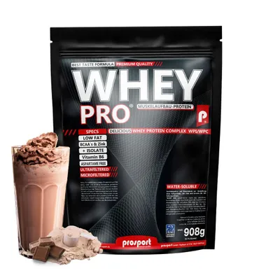Produktbild von Prosport WHEY PRO® Whey Protein Pulver – Milk-Chocolate 908g – Konzentrat-Isolat-Mix, Eiweißpulver mit Zink, Vitamin B6 & EAAs, Protein Shake für Muskelaufbau