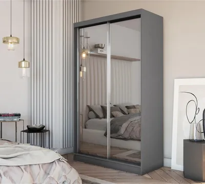 Image de BEAUTYSOFA armoire à portes coulissantes DEBRA II 120 cm - armoire à deux portes, armoire, armoire avec miroirs, tringle à vêtements et 2 tiroirs, couleur : graphite