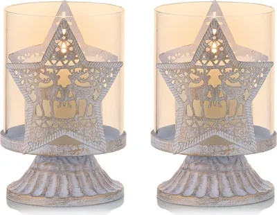 Immagine prodotto di set di 2 candelieri vintage in metallo porta lanterna per candele a colonna, porta candela uragano decorazione per la tavola di Natale della festa, stella