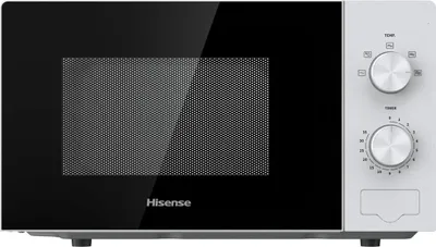 A white Hisense microwave is shown from the front against a white background.
