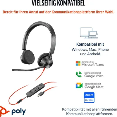 Obrázek produktu pro HP Poly Stereofonní náhlavní souprava Poly Blackwire 3325 USB-C s certifikací Microsoft Teams + 3,5mm konektor + adaptér USB-C/A, Kabel, Kancelář / call centrum, 131 g, Sluchátka s mikrofonem, Černá