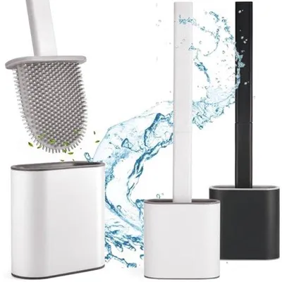 Produktbild von Silikon Toilettenbürstenhalter SET Wandmontage ohne Bohren - Wandhalter für Toilettenbürsten - Bürstenhalter ohne Schweißen - Bürsten- und Standhalter SET in Weiß.