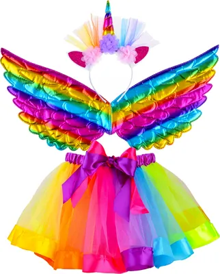 Produktbild von Kostüm Einhorn Haarreif Flügel Tutu Rock Regenbogen Einheitsgröße Set 22962