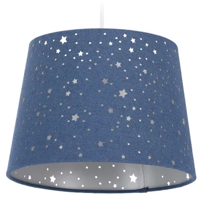 Produktbild von Relaxdays Kinderzimmerlampe Sterne, hängende Schirmlampe für Jungen, Sternenhimmel Motiv, E27, runder Stoffschirm, blau